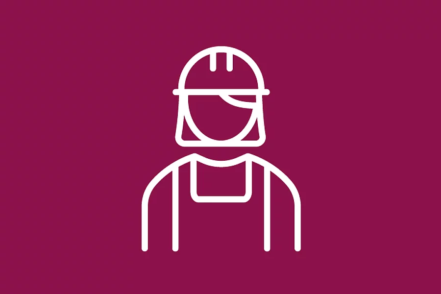 Das weisse FES Icon zeigt einen Arbeiter mit Helm auf einem dunkelroten Hintergrund